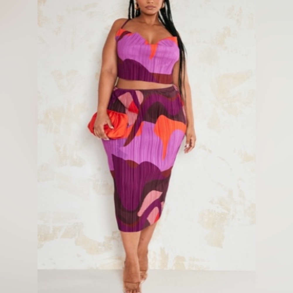 PrettyLittleThing Pink, Purple & Orange Abstract Pleated Midi Skirt & Crop Top